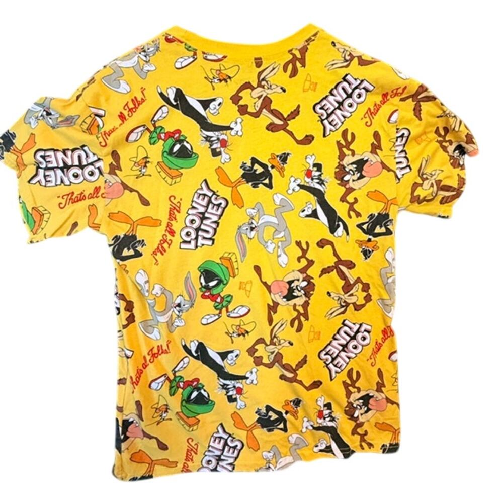 Looney Tunes Mens All Over Print T-Shirt Yellow Graphic Bugs Bunny Taz Sz Med